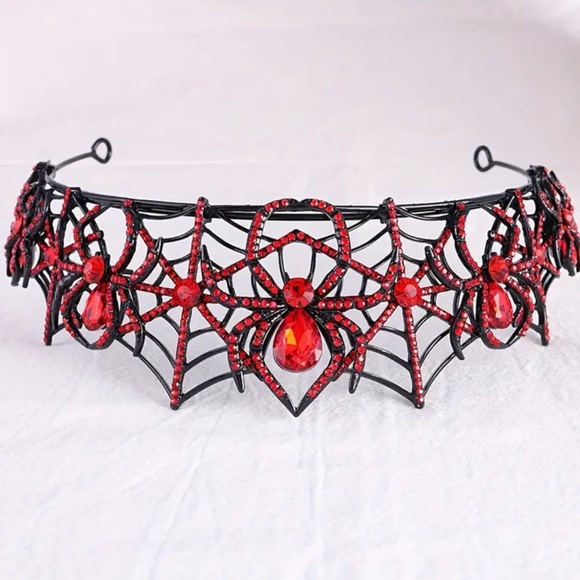 NWT Black Metal with Ruby Red Rhinestone Spiders Crown / Tiara for Adults! main image 4